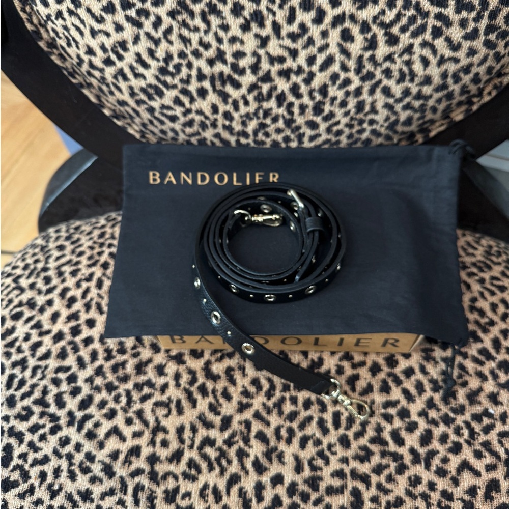 Bandolier Black Leather Rivet-Accent Crossbody Strap with Silver Hardware